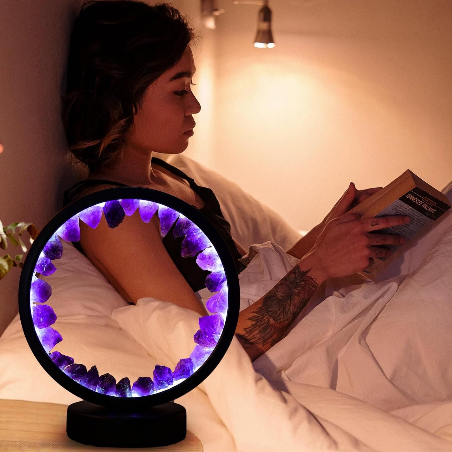 Runyansghi Amethyst Night Lamp 8.6'' Natural Healing Crystal Bedside USB Port 3 Colours Dimming Mode Bedroom Suitable Light for Living Room Office Home Decor Ideal Gift