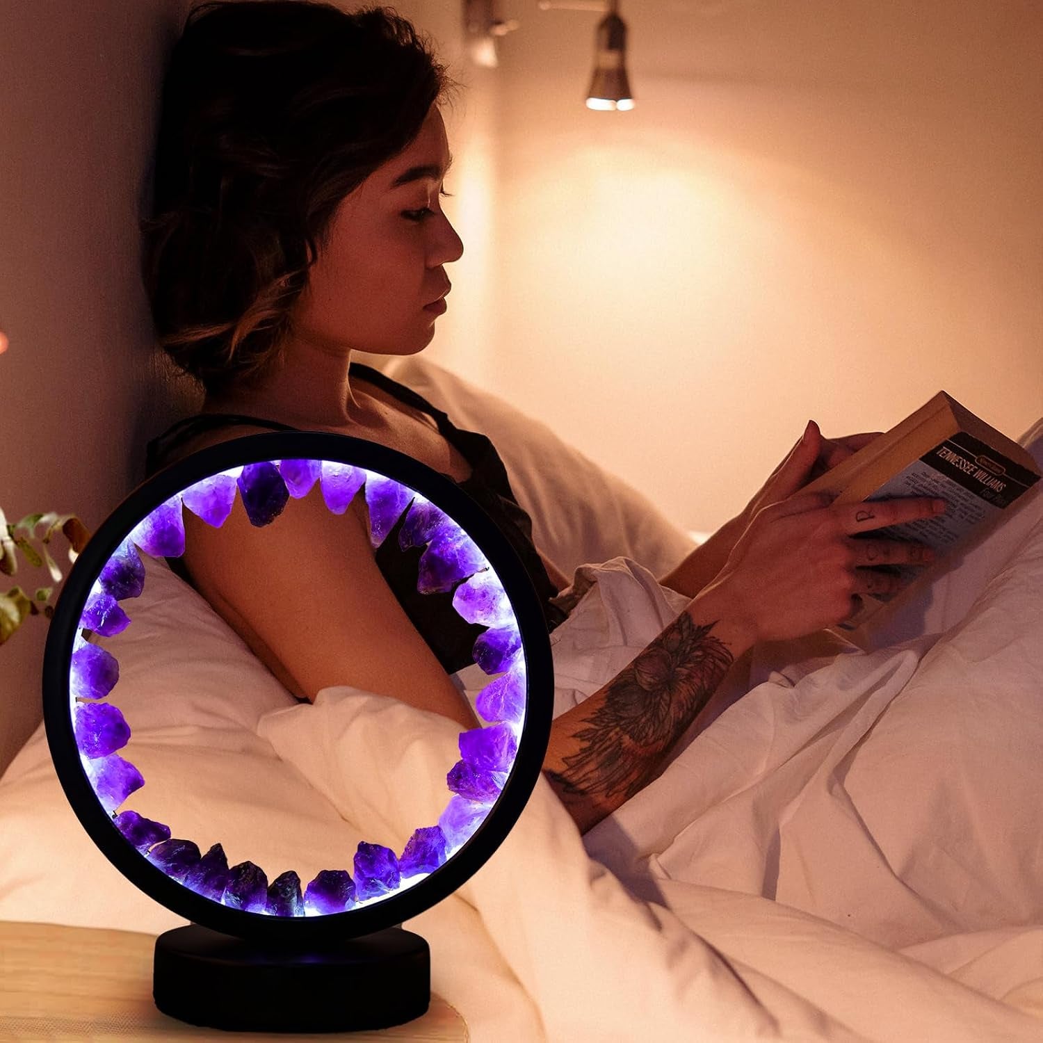 Runyansghi Amethyst Night Lamp 8.6'' Natural Healing Crystal Bedside USB Port 3 Colours Dimming Mode Bedroom Suitable Light for Living Room Office Home Decor Ideal Gift