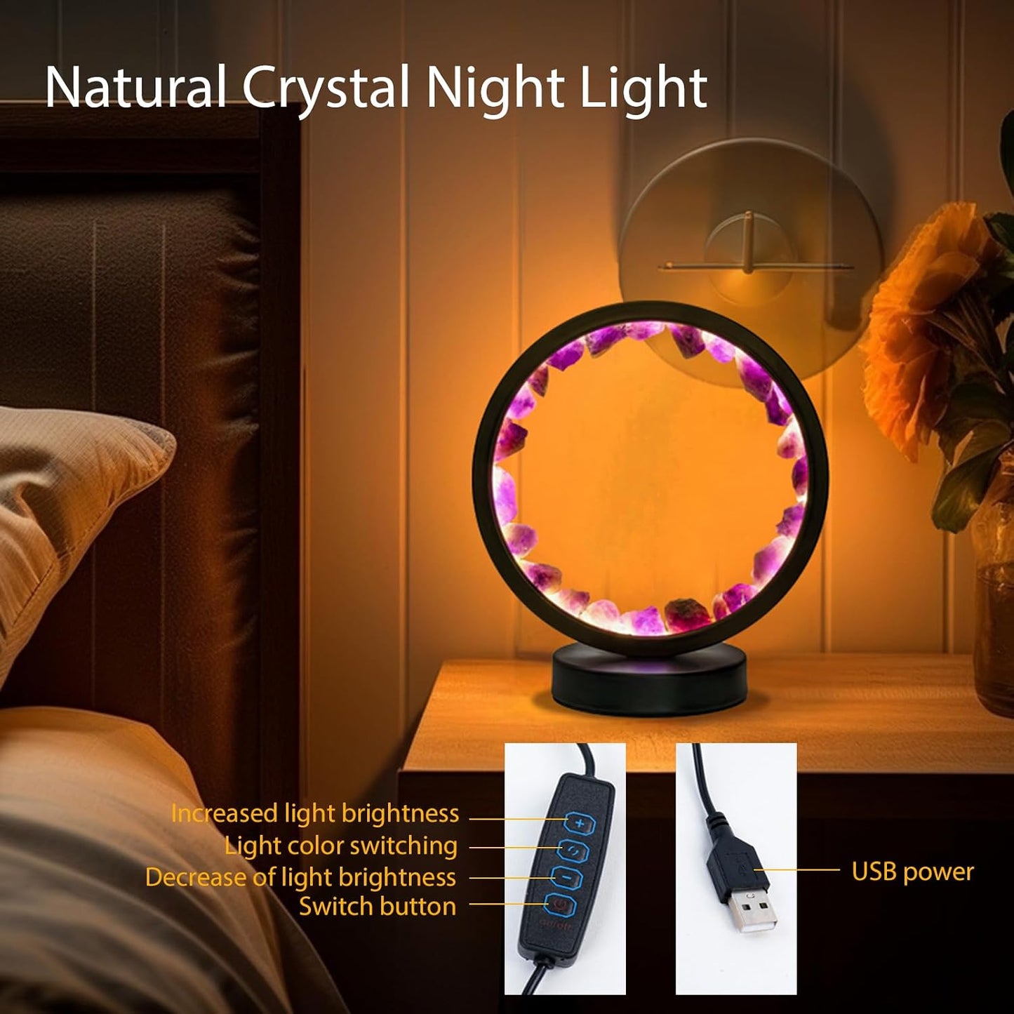 Runyansghi Amethyst Night Lamp 8.6'' Natural Healing Crystal Bedside USB Port 3 Colours Dimming Mode Bedroom Suitable Light for Living Room Office Home Decor Ideal Gift