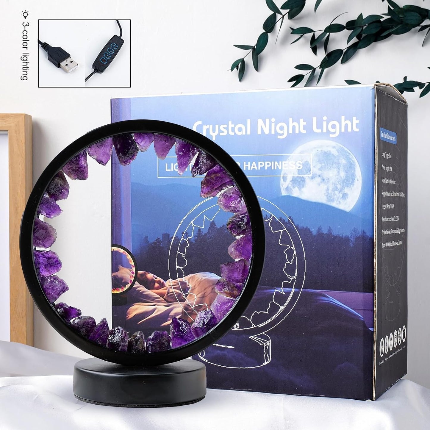 Runyansghi Amethyst Night Lamp 8.6'' Natural Healing Crystal Bedside USB Port 3 Colours Dimming Mode Bedroom Suitable Light for Living Room Office Home Decor Ideal Gift